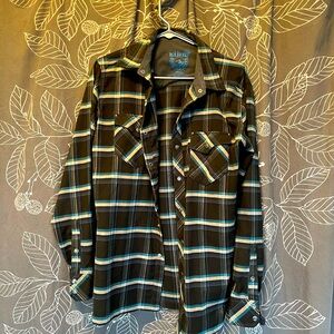 Kuhl button down. Black with white and blue stripes.